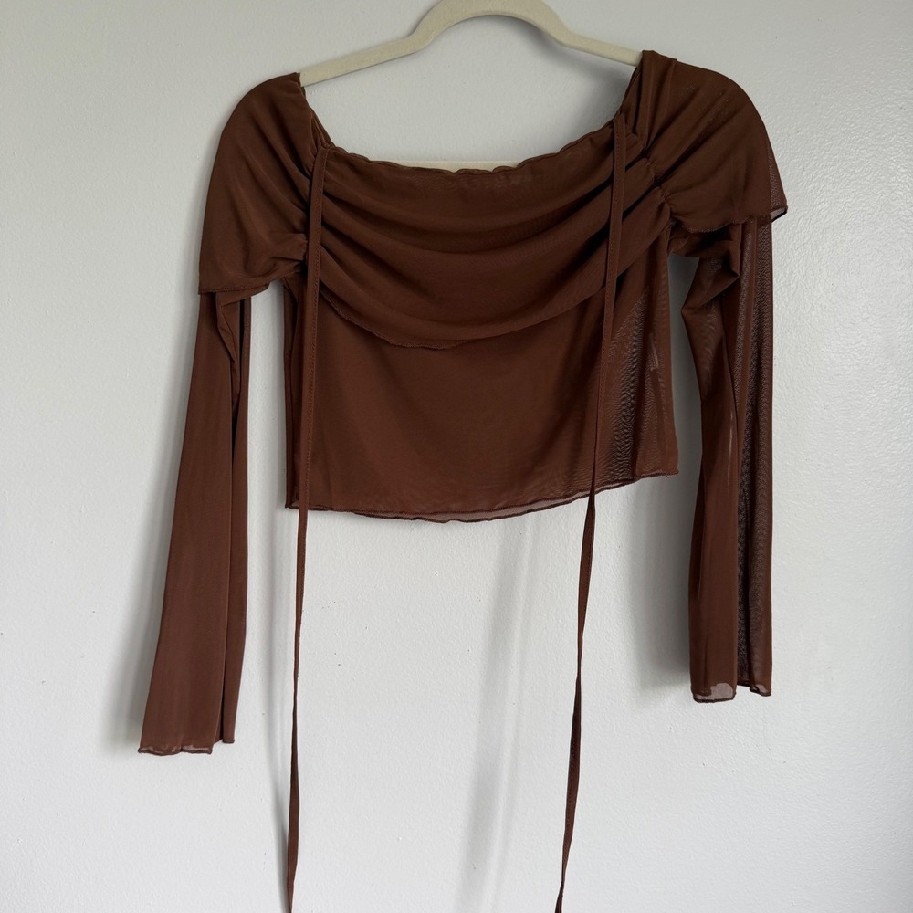 Brown Sheer Mesh Ruched Off Shoulder Long Sleeve Crop Top Halter Tie